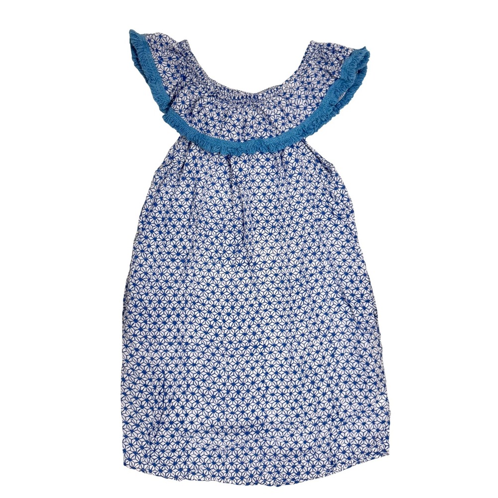Roberta Roller Rabbit Lucia Off Shoulder Blue White Block Print Fringe‎ Dress XS